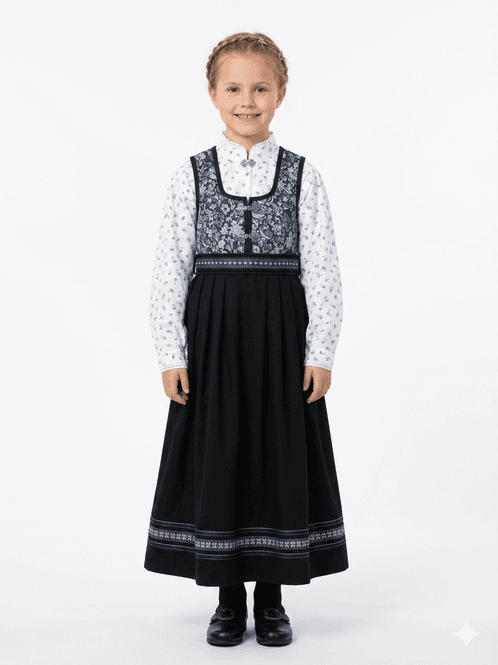 Hovedbilde Oline Festdrakt til jente med blå/sølv vest og blomstret hvit skjorte